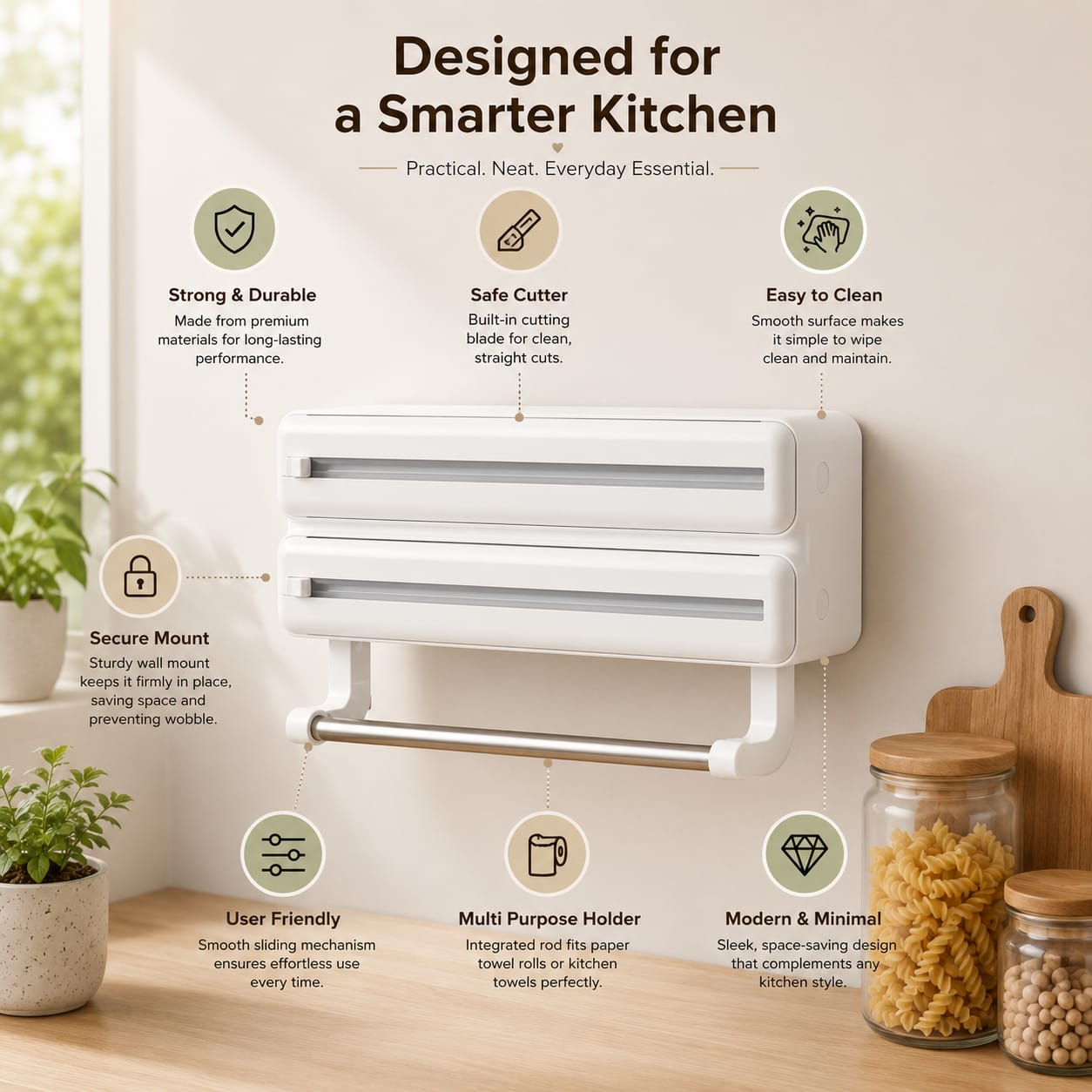 3-in-1 Foil Cling Film Dispenser | Kitchen Roll Holder | Plastic Wrap Cutter Wall Mount