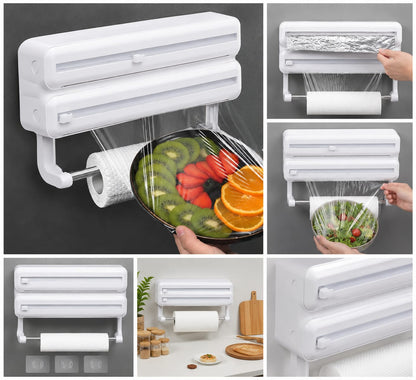 3-in-1 Foil Cling Film Dispenser | Kitchen Roll Holder | Plastic Wrap Cutter Wall Mount