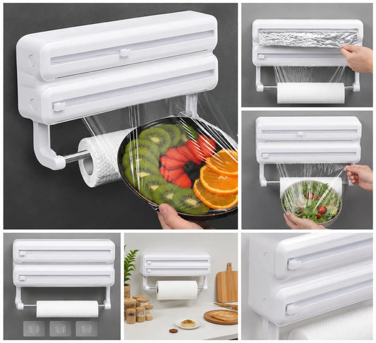 3-in-1 Foil Cling Film Dispenser | Kitchen Roll Holder | Plastic Wrap Cutter Wall Mount