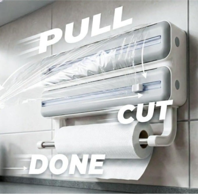 3-in-1 Foil Cling Film Dispenser | Kitchen Roll Holder | Plastic Wrap Cutter Wall Mount