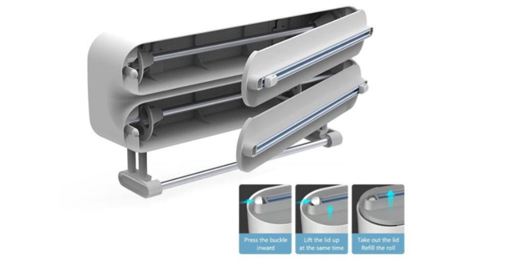 3-in-1 Foil Cling Film Dispenser | Kitchen Roll Holder | Plastic Wrap Cutter Wall Mount