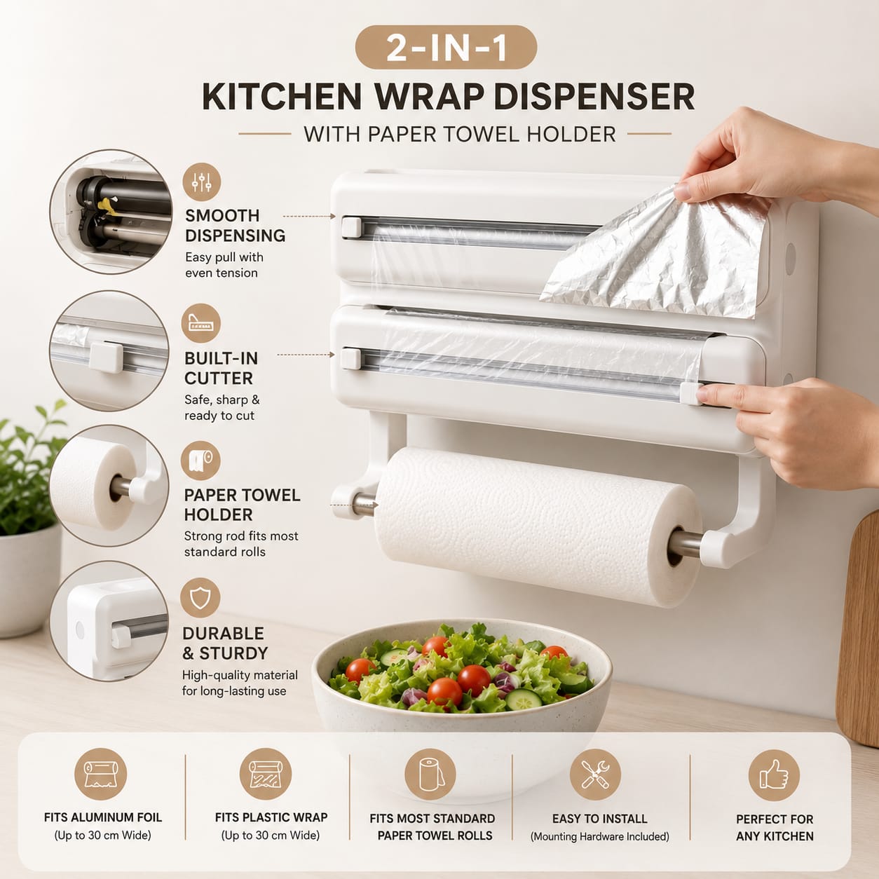 3-in-1 Foil Cling Film Dispenser | Kitchen Roll Holder | Plastic Wrap Cutter Wall Mount